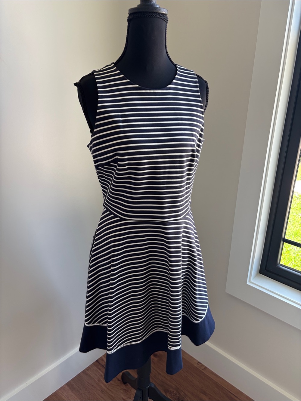 kate spade Navy and White Striped Sleeveless Fit-and-Flare Dress with Navy Hem
